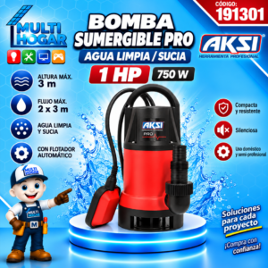 BOMBA SUMERGIBLE AGUA LIMPIA/SUCIA 1 HP PRO AKSI COD. 191301