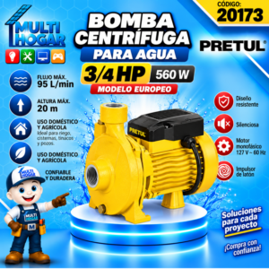 BOMBA CENTRIFUGA PARA AGUA MODELO EUROPEO 3/4 HP PRETUL COD. 20173