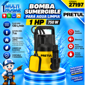 BOMBA SUMERGIBLE PLASTICA 1 HP PARA AGUA LIMPIA PRETUL COD. 27197